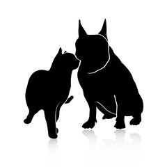 Dog and cat silhouette with reflection. Isolated on white background.