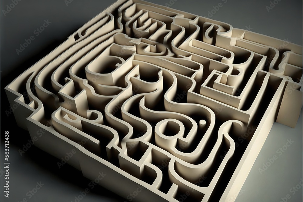 Poster a maze with a lot of different shapes and sizes on it, and a black background with a white border ar