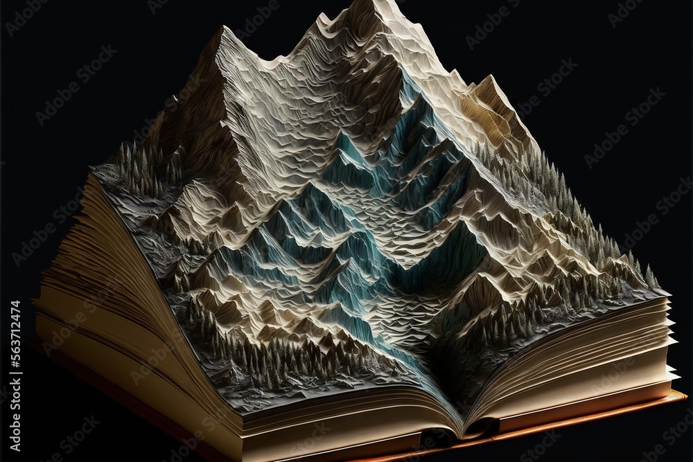 Poster a book with a mountain scene on it is open to reveal a bookmarked page with a mountain scene on it a