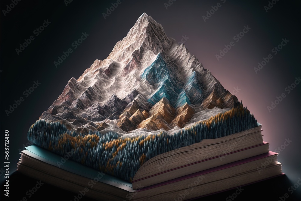 Poster a book with a mountain on top of it and a sky background behind it, with a blue sky and a few clouds