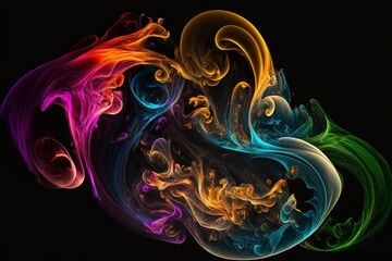 Bright pink and yellow smoke swirling around a mysterious black background