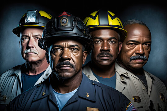 Team of firefighters. Fictitious badges. Generative AI