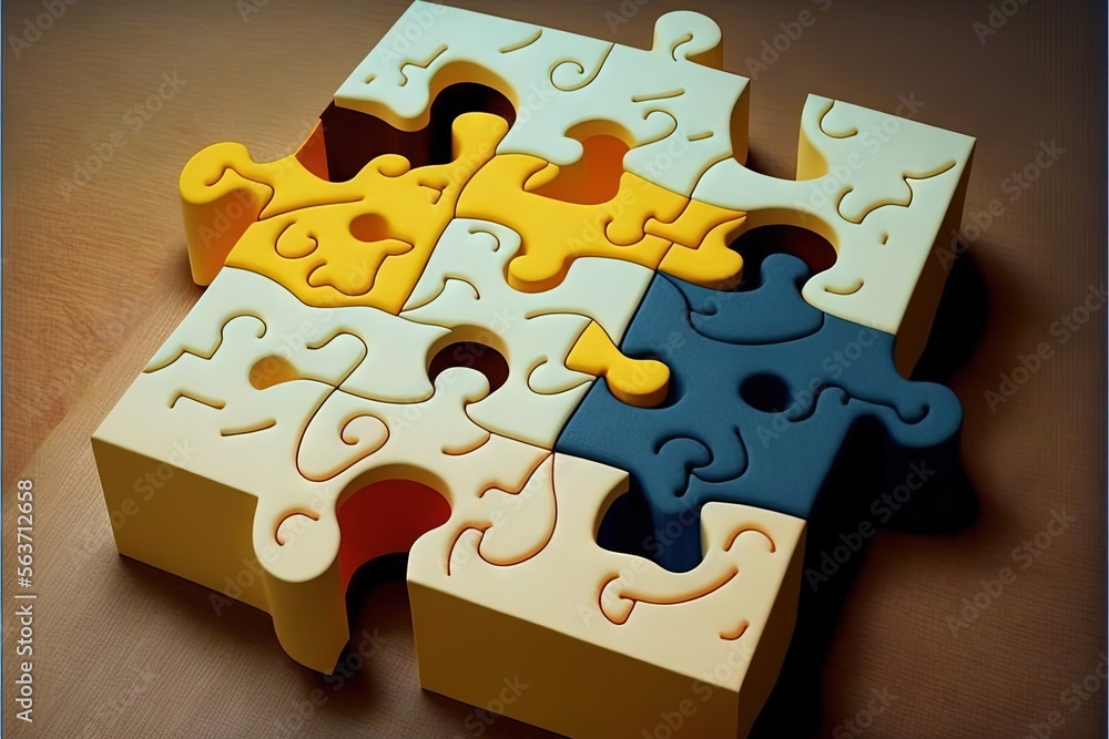 Poster a group of puzzle pieces sitting on top of a wooden table next to each other on a table top with a w