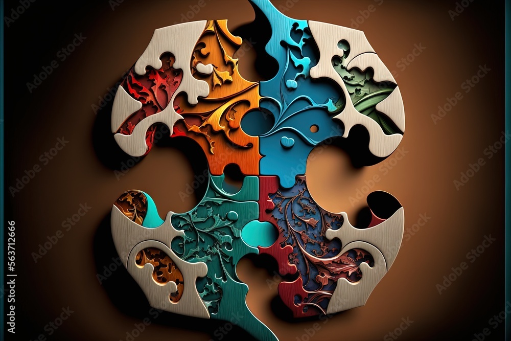 Poster a colorful puzzle piece with a black background and a brown background with a blue border and a blac
