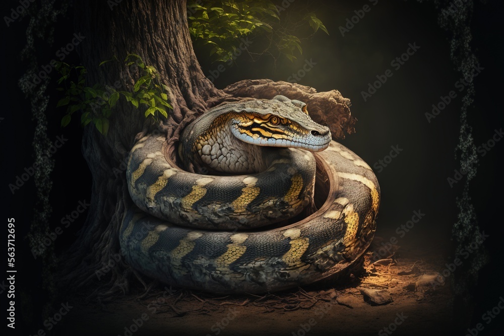 Poster a large snake curled up on a tree branch in a dark room with a light coming through the tree trunk a