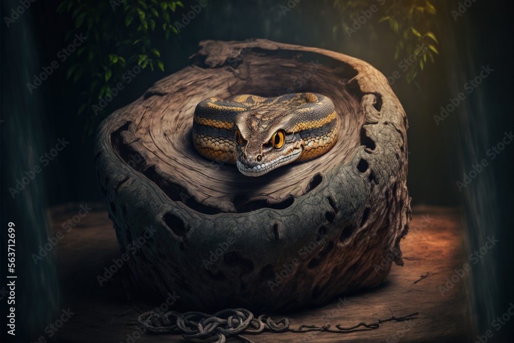 Poster a large snake is sitting on a log in a forest setting with a chain around it's neck and head, with a