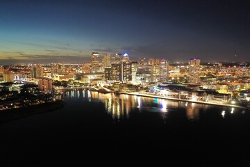 Fototapeta na wymiar Aerial view of Tampa Bay skyline at night time spectacular