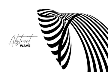Fototapeta na wymiar 3D Optical Art with strip black and white. Background curve vector line for banner, cover, poster, card. Abstract illusion wave.