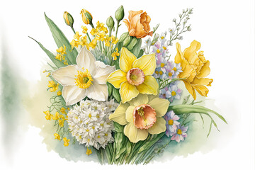 Easter watercolor image of spring bouquet with daffodils and other spring flowers, Generative AI