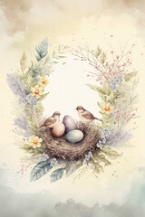 Easter watercolor image of two birds with easter eggs in nest and floral wreath, Generative AI