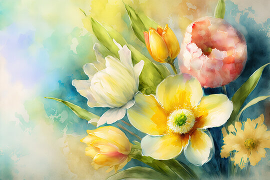 Easter watercolor image of spring flowers with copy space/negative space, Generative AI