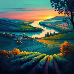 beautiful landscape, colorful view, illustration 
ai generated