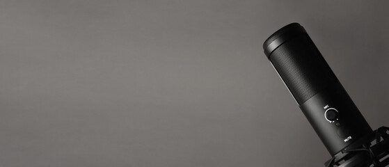 Studio condenser microphone isolated on dark background. Space for text.