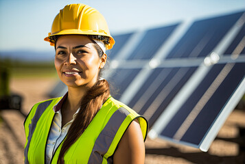 Latino engineer woman in front of solar panels, copyspace. Generative AI