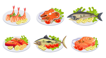 Fish seafood dish on plate. Cooking menu ingredient isolated set. Vector design graphic illustration