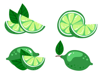 Green lime lemon slice citrus cutting chopping fruits isolated set. Vector design graphic illustration