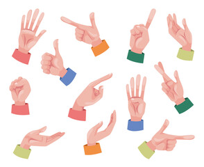 Hand arm palm finger gestures cartoon style isolated set. Vector design graphic illustration