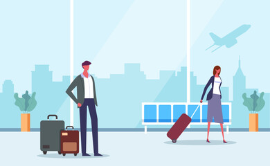 Fototapeta premium People tourist characters boarding and waiting flight. Departure terminal airport interior concept. Vector design graphic illustration