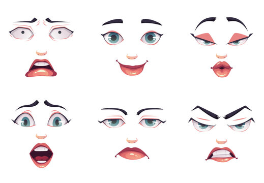 Woman face constructor template with different emotions isolated set. Vector design graphic illustration