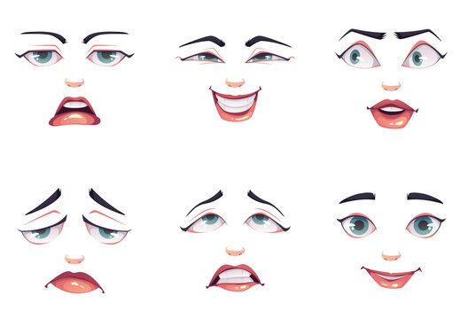Woman face constructor template with different emotions isolated set. Vector design graphic illustration