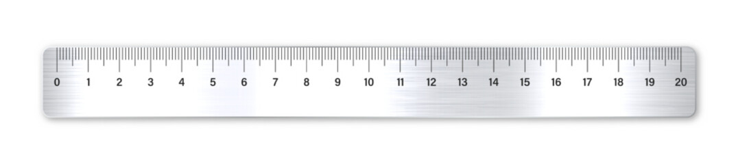 Realistic brushed metal ruler with measurement scale and divisions, measure marks. School ruler, centimeter scale for length measuring. Office supplies. Vector illustration