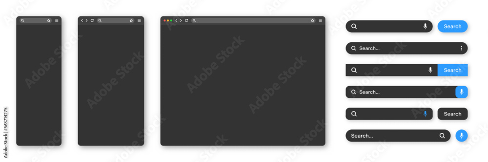 Poster blank internet browser window with various search bar templates, dark mode. web site engine with sea