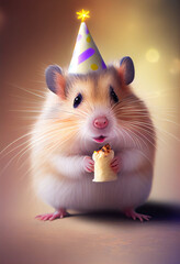 Portrait von einem Hamster mit Partyhut und Geburtstagstorte am Geburtstag feiern vor pastellfarbenen Hintergrund - Generative Ai