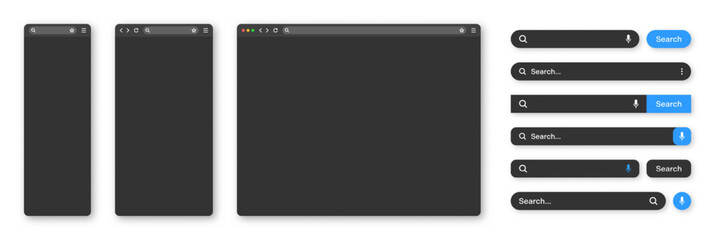 Obraz premium Blank internet browser window with various search bar templates, dark mode. Web site engine with search box, address bar and text field. UI design, website interface elements. Vector illustration
