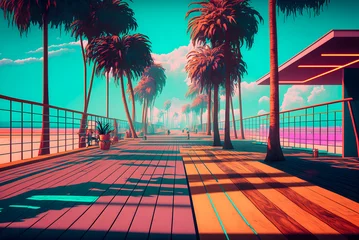 Foto op Canvas Sunny beach boardwalk whit palm trees, retro style, hand drawn illustration Generative AI © PixelPusher