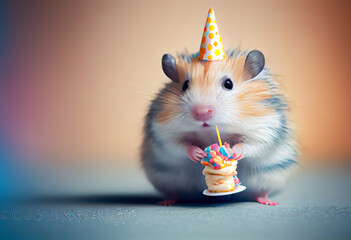 Portrait von einem Hamster mit Partyhut und Geburtstagstorte am Geburtstag feiern vor pastellfarbenen Hintergrund - Generative Ai