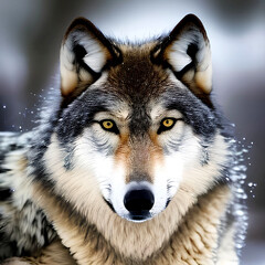 Grey timber wolf, Canis Lupus , face on in the wild, created with Generative AI technology.