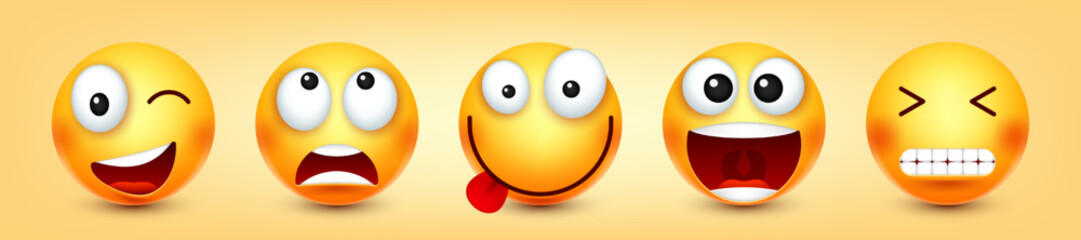 Cartoon emoji, emoticons collection. Yellow face with emotions, mood. Facial expression, realistic emoji. Sad, happy, angry faces. Funny character with smiling face. Vector illustration