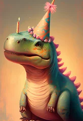 Foto auf Acrylglas Portrait von einem Dinosaurier mit Partyhut und Geburtstagstorte am Geburtstag feiern vor pastellfarbenen Hintergrund - Generative Ai © Sarah