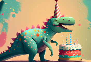 Portrait von einem Dinosaurier mit Partyhut und Geburtstagstorte am Geburtstag feiern vor pastellfarbenen Hintergrund - Generative Ai