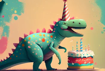Crédence de cuisine en verre imprimé Dinosaures Portrait von einem Dinosaurier mit Partyhut und Geburtstagstorte am Geburtstag feiern vor pastellfarbenen Hintergrund - Generative Ai