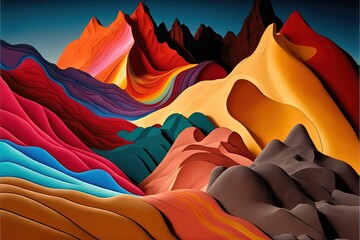  a painting of a mountain range with a colorful sky in the background and a blue sky in the background with a few clouds in the sky and a few hills with a few clouds in the. Generative AI