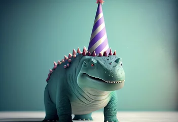 Fototapeten Portrait von einem Dinosaurier mit Partyhut und Geburtstagstorte am Geburtstag feiern vor pastellfarbenen Hintergrund - Generative Ai © Sarah