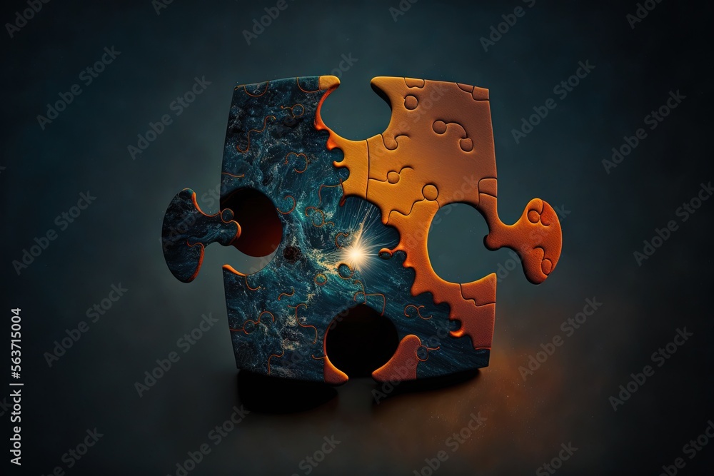 Poster a piece of a puzzle sitting on top of a table next to a light bulb and a black background with a blu
