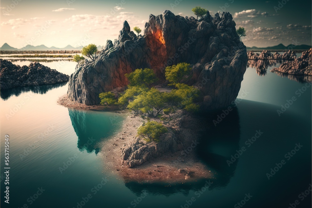 Poster a small island with a tree growing out of it in the middle of a lake with a mountain in the backgrou