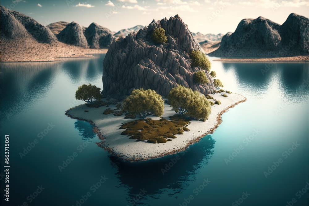 Poster a small island with trees on it in the middle of a lake surrounded by mountains and rocks in the bac