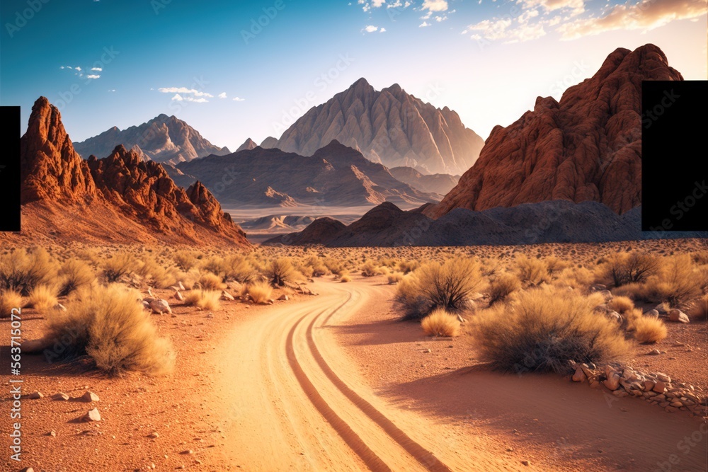 Poster a dirt road in the desert with mountains in the background and a sky with clouds in the distance wit