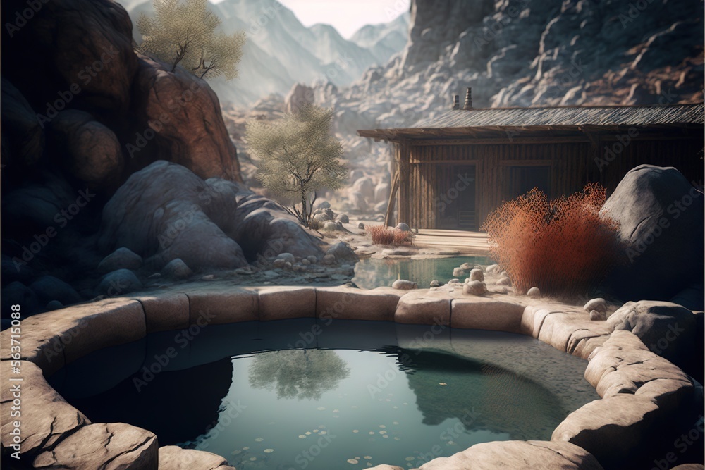 Poster a small pond in a rocky area with a house in the background and a mountain range in the background w