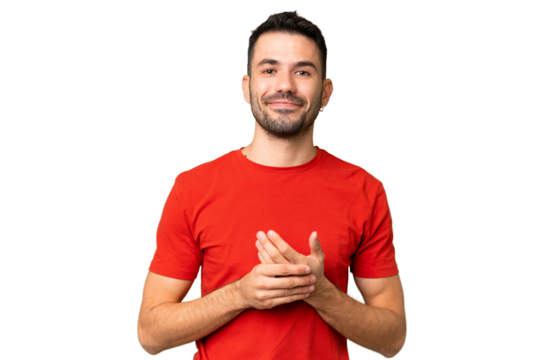 Young handsome caucasian man over isolated chroma key background laughing