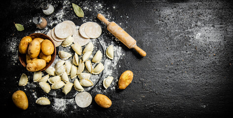 Obraz na płótnie Canvas Raw potato dumplings on a stone tray with rolling pin and flour. 