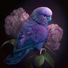 purple parrot with pink flowers. Generative AI image.