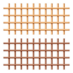 Realistic wooden lattice, rural picket fence. Farm or village house boundary, garden enclosing planks. Detailed wooden jail cage. Criminal background mockup. Creative vector illustration