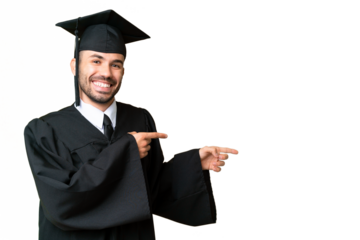 Young university graduate man over isolated chroma key background pointing finger to the side and presenting a product