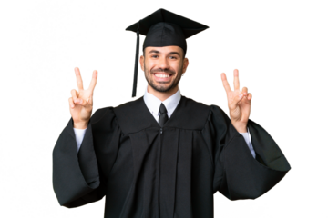 Young university graduate man over isolated chroma key background showing victory sign with both hands