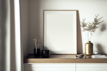 Fototapeta na wymiar Horizontal Interior Simple Boho Poster Frame on Wooden Shelf Mock Up Photo Illustration Wallpaper Generative AI