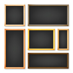 Realistic various chalkboards in a wooden frame. Black restaurant menu board. School blackboard, writing surface for text or drawing. Blank advertising or presentation boards. Vector illustration
